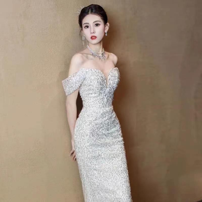 French-Style Fishtail Light Wedding Dress 2026 New Model for Petite Brides, Cross-Border Off-The-Shoulder Plus Size Simple Going-Out Dress for Women