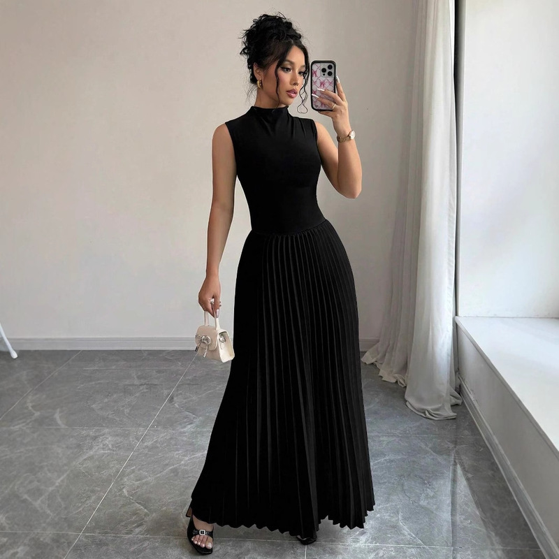 Women's Solid Color Stand Collar Pleated Skirt Sleeveless Elegant Long Women's Dress Women's Solid Color Stand Collar Pleated Skirt Sleeveless Elegant Long Women's Dress
