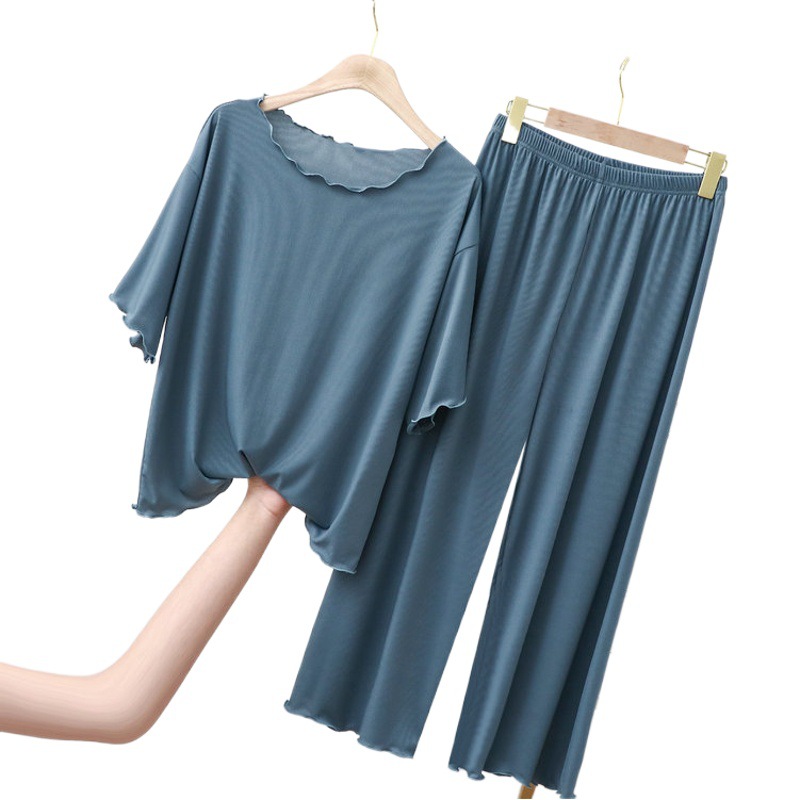 Oido de madera de seda de hielo recortada pantalones de pierna ancha manga corta más tamaño traje casual verano de las mujeres prendas de vestir exteriores delgadas homewear Pijamas