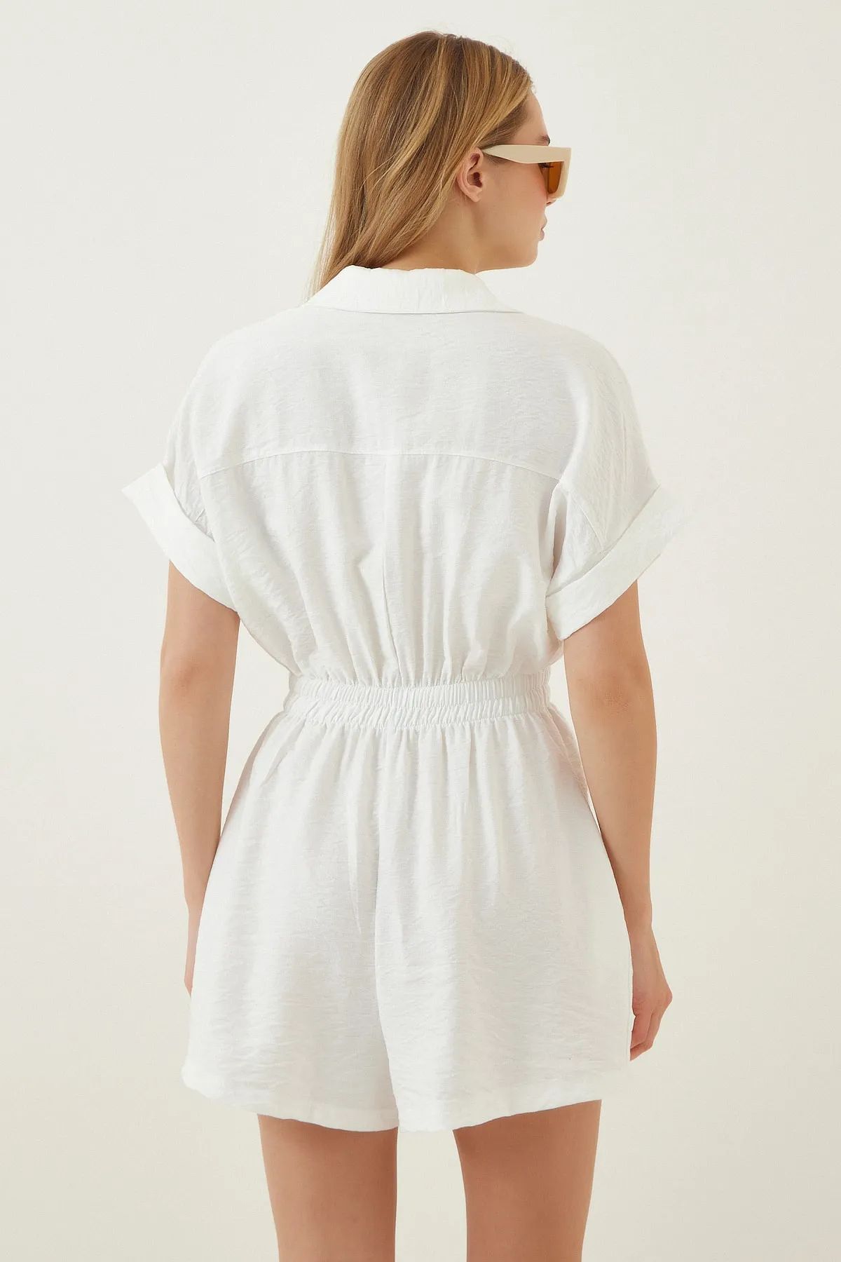 Women Short Sleeve Waist Controlled Loose Slimming Cotton Linen Casual Wide Leg Shorts