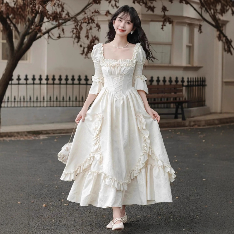French Retro Palace Design White Dress for Women 2025 New Autum Style Small Loose Versatile Long Skirt