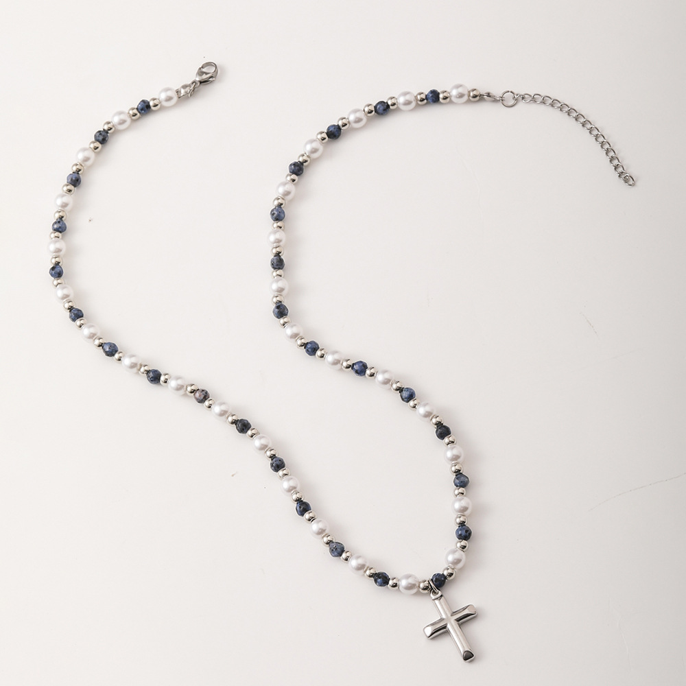Collier pendentif croix pour homme, orné de perles et de pierres, fait main, très tendance._voghion.com