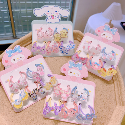 Cartoon set of 5 pairs of small hair ties, children's hair accessories, acrylic baby hair-free rubber bands, cute Kuromi headwear