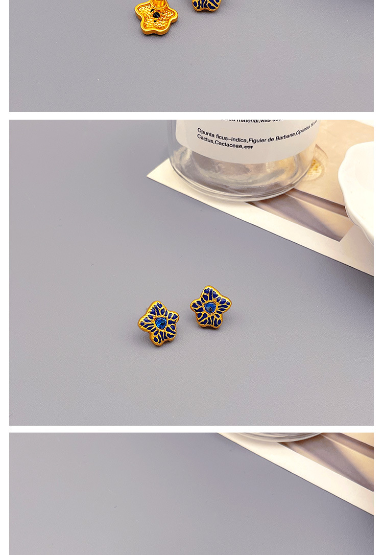 Retro Star Copper Water Ripples Enamel Zircon Ear Studs 1 Pair