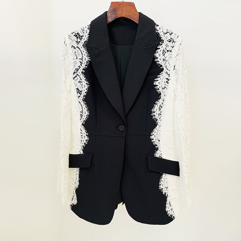 High Street Fashion 2026 High-End Designer Style Slim-Fit One-Button Color-Block Lace Patchwork Blazer