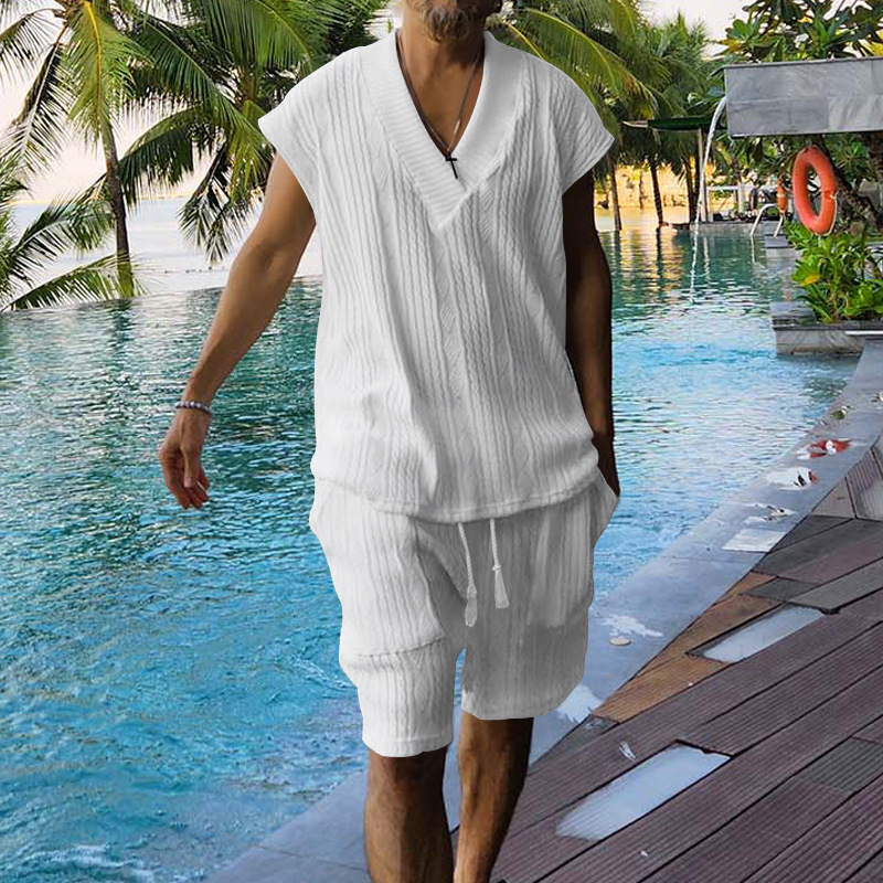 Men's Summer Jacquard Knit Short Sleeve Shirt And Shorts Set, Comfortable Casual Lounge Wear_viptrois.com