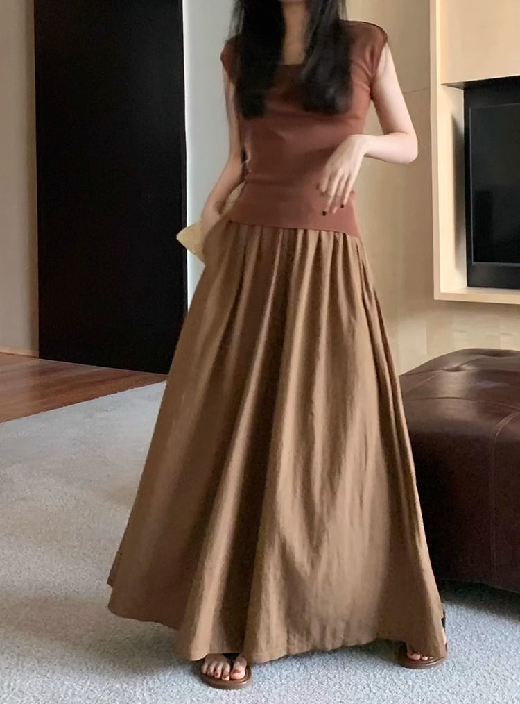 Textured casual trousers for women new retro high waist slim design solid color wide leg skirt pants_voghion.com