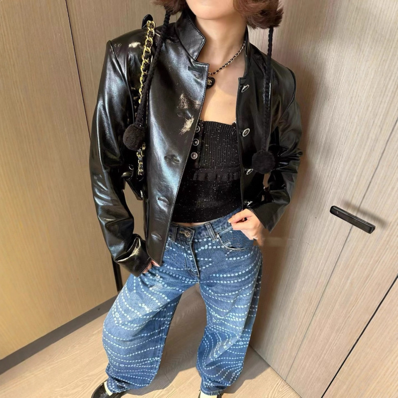 高品质高级亮黑小香风皮衣酷辣金属纽扣开衫短款外套皮衣女|undefined