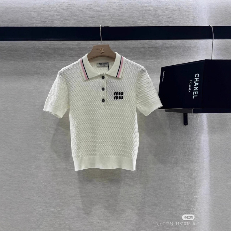 Miu Miu 25 Summer Dalian Knitwear Polo Short Sleeve Slim Fit Versatile Sweet Twist Top Thin Color Block