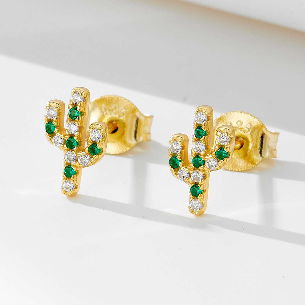 S925 cactus de plata de ley micro-incrustaciones de circón pendientes pequeñas mujeres japonesas y coreanas dulces y frescas personalidad pendientes de diamantes joyas