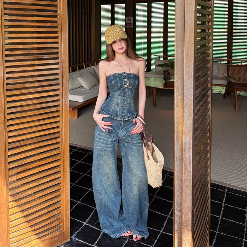2026 New Style! Denim Tube Top for Hot Girls, Slim-Fit Short Bustier Top for Women, Loose Low-Waist Wide-Leg Denim Pants