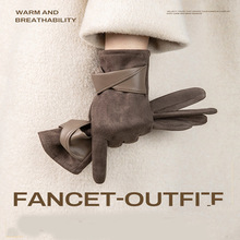 手套女麂皮绒防寒保暖女加绒加厚手套男蝴蝶结触屏手套防风女批发