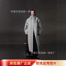 韩系毛呢大衣连帽设计中长款羊驼绒宽松大衣女双面羊毛外套秋冬