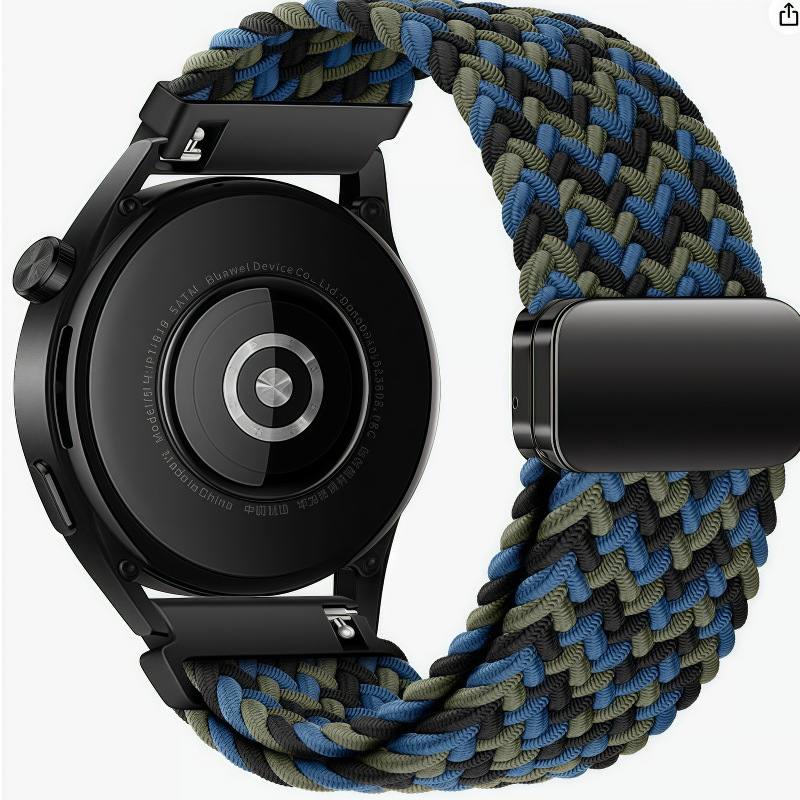 Correa de reloj deportiva trenzada de nailon con hebilla magnética de cuatro puntos y anilla metálica, compatible con las series Huawei, Samsung y Garmin.