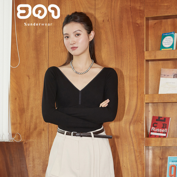 High Elastic Slimming Fixed Cup V Neck Long Sleeve Top with Cup Warm Bottoming Shirt Free to Wear Bra