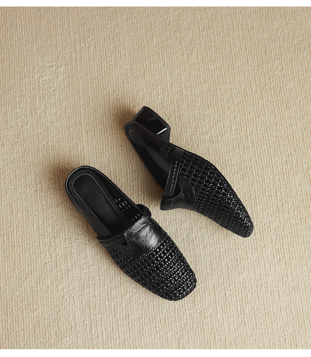 Dép sandal nữ quai chữ V đan dệt, gót thấp 3 cm, phong cách vintage — đen chi tiết 19