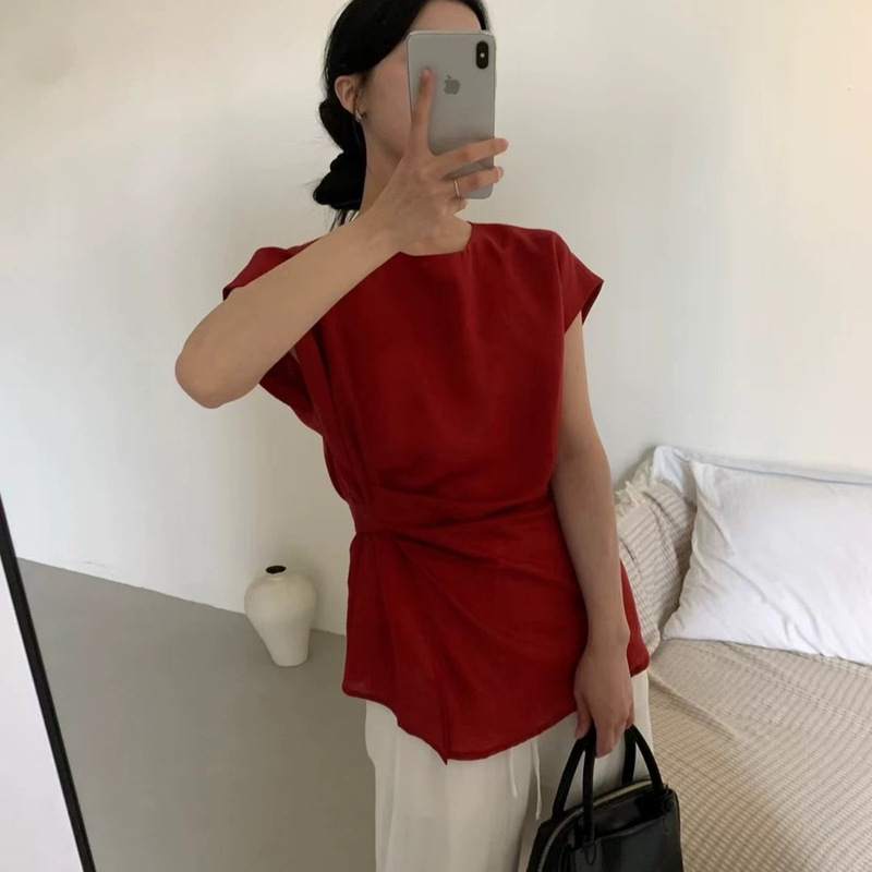 [Temperament Formula] Linen + Lyocell Side Pleated Short-Sleeved Shirt Women's Summer Slimming Flying Sleeve Korean Thin Top