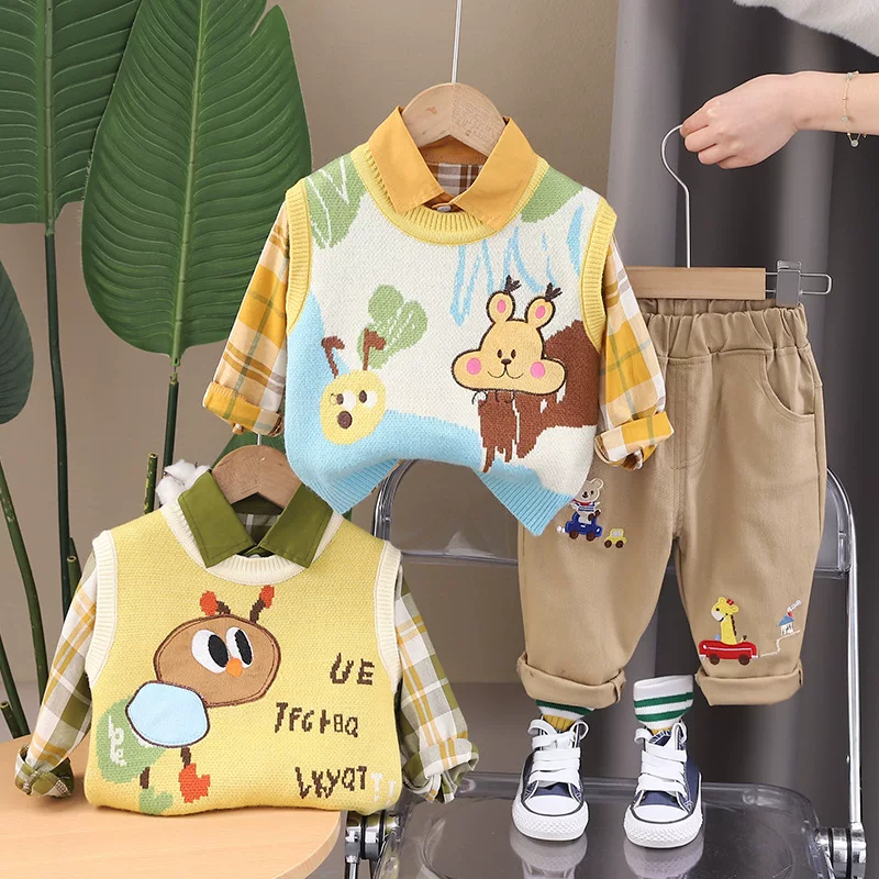 Spring set for boys, children's cartoon vest, autumn shirt, children's clothing, 3 piece set