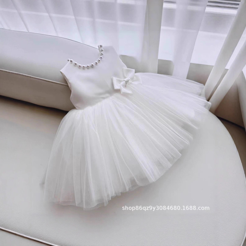White One-Year-Old Dress with Bow Mesh Princess Dress First Communion Girl Dress 100-Day Banquet Birthday Dress