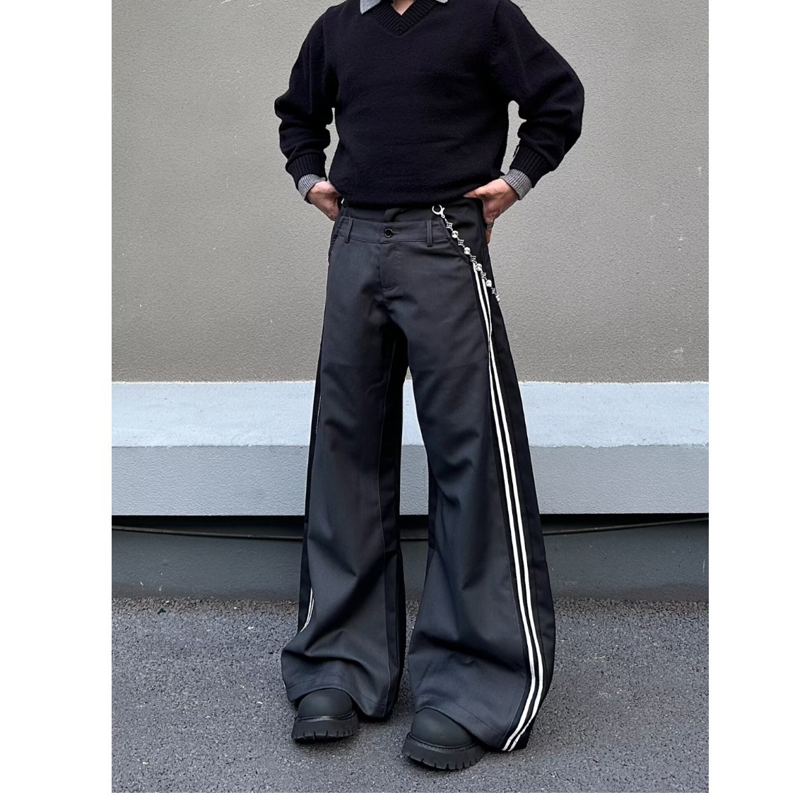 Men's Casual Pants Retro Double Waistband Spliced Curved Blade Loose Long Trousers_mkmklike.com