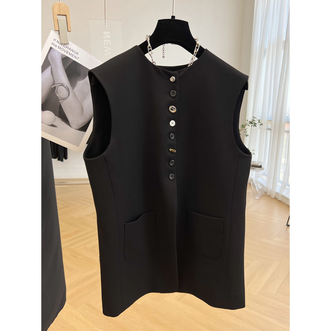 Europea único elegante desgaste exterior cuello redondo traje chaleco mujeres primavera y otoño diseño chaleco sin mangas