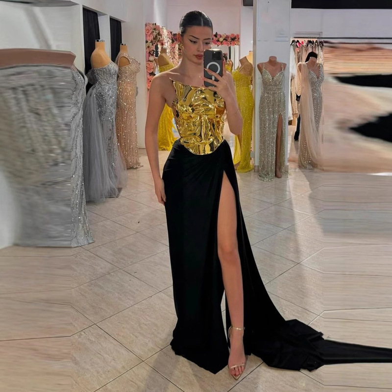 Cross-border Foreign Trade New European and American Fashion Sexy Golden Backless Top Split Dress suit Y2K Party Dress