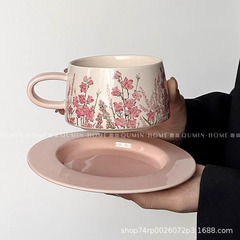 Qumin油絵ピンク温桃粉月コーヒーカップ皿中古風下昼寝茶カップ小衆オリジナルプレゼント