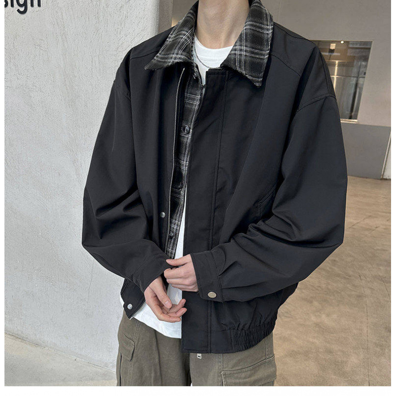 American-style brown faux two-piece jacket for men, spring barn-style Harrington cleanfit casual lapel jacket