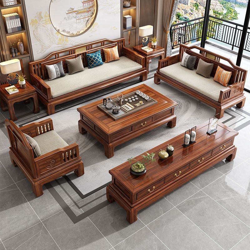 Golden Rosewood Solid Wood Sofa Living Room Combination Set New Chinese Style Villa Light Luxury Mahogany Furniture All Solid Wood Practical