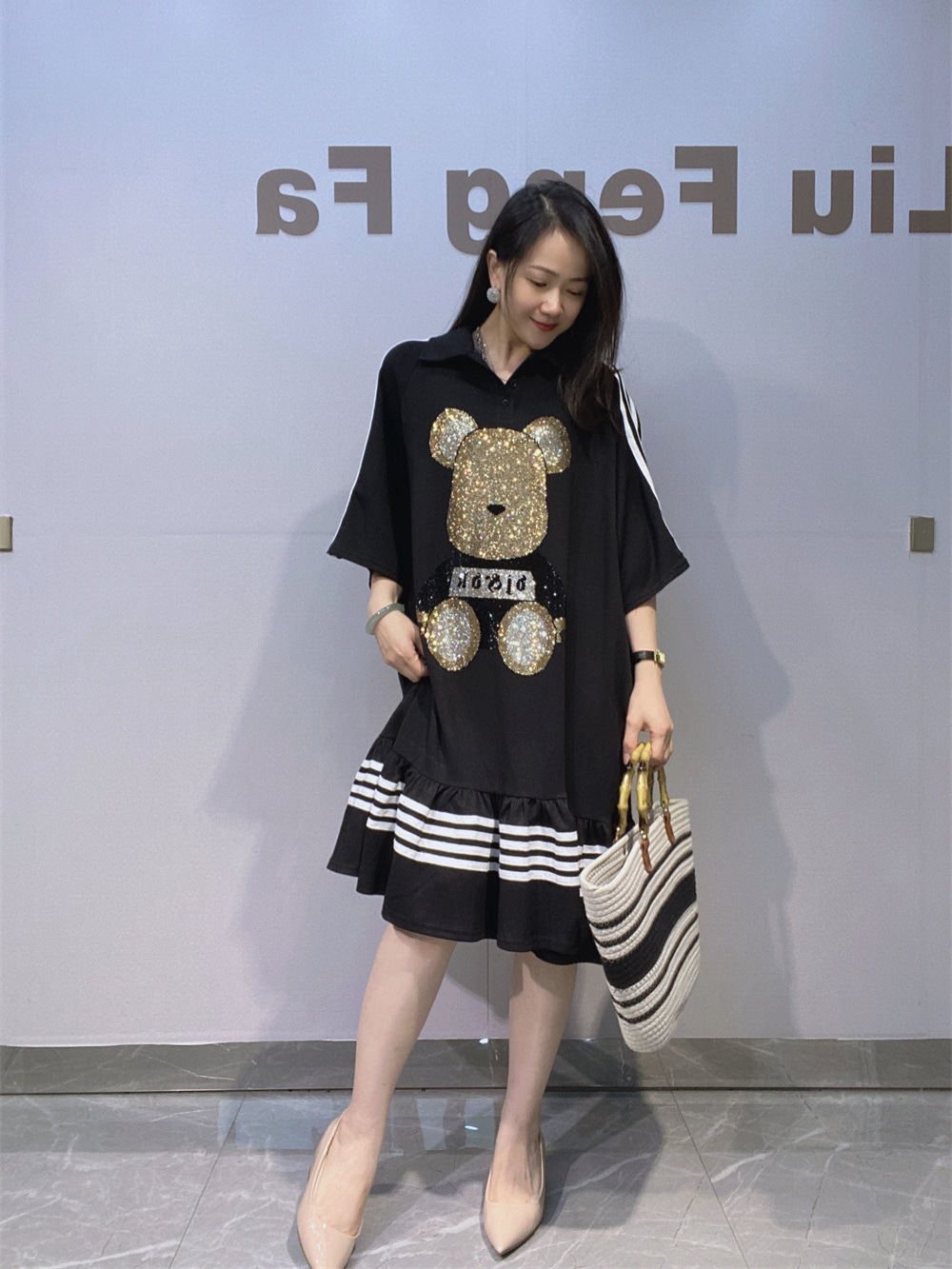 College style verano nuevo polo collar vestido grande manga corta camiseta casual falda de mujer de verano industria pesada caliente taladro grande