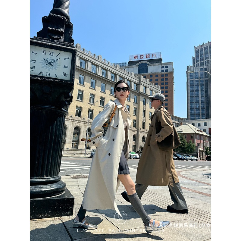 Cross-Border E-Commerce Windbreaker Women's Mid-Length Autumn and Winter Double-Breasted British Style Jacket Long-Sleeved Hepburn Style European and American Style