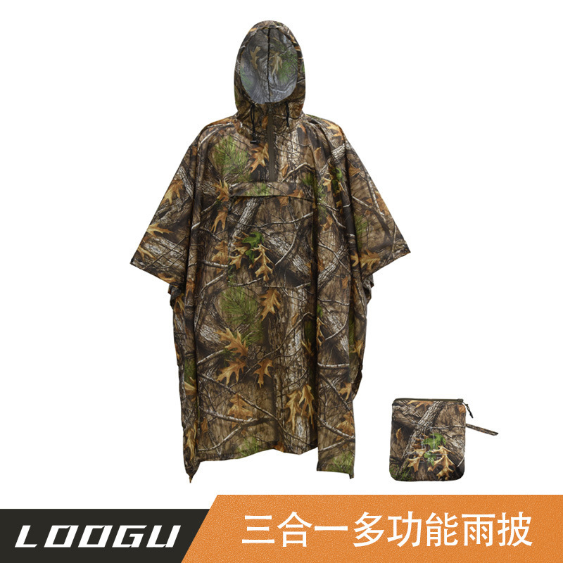 Hunting Raincoat Camouflage Mountaineering Supplies Adult Poncho Three-in-One Chest Pocket Cloak Canopy Floor Mat