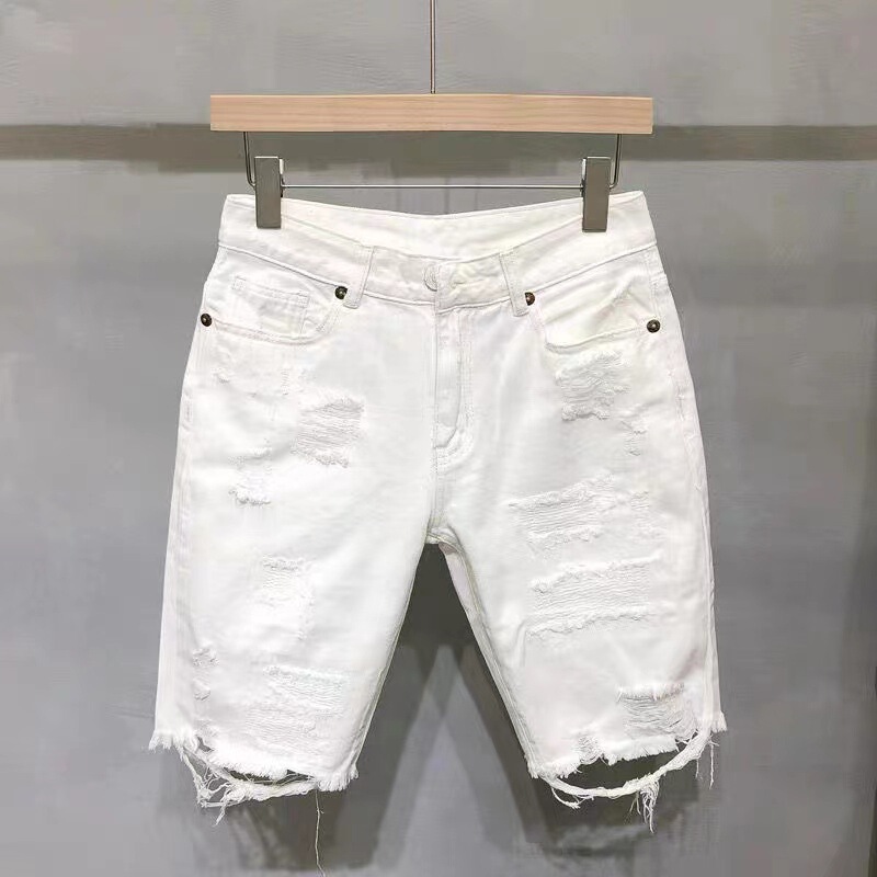 Men's ripped denim shorts, loose fit, American streetwear style, trendy and stylish, perfect for summer, with a unique design that makes a bold statement