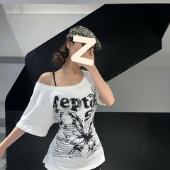 新しい 2025 アメリカン レトロ レイジー カジュアル オフショルダー マルチウェア バタフライ プリント T シャツ工場直販クロスボーダー