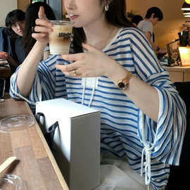 慵懒风蓝色条纹v领冰丝薄纱防晒罩衫女夏吊带外搭针织空调衫上衣