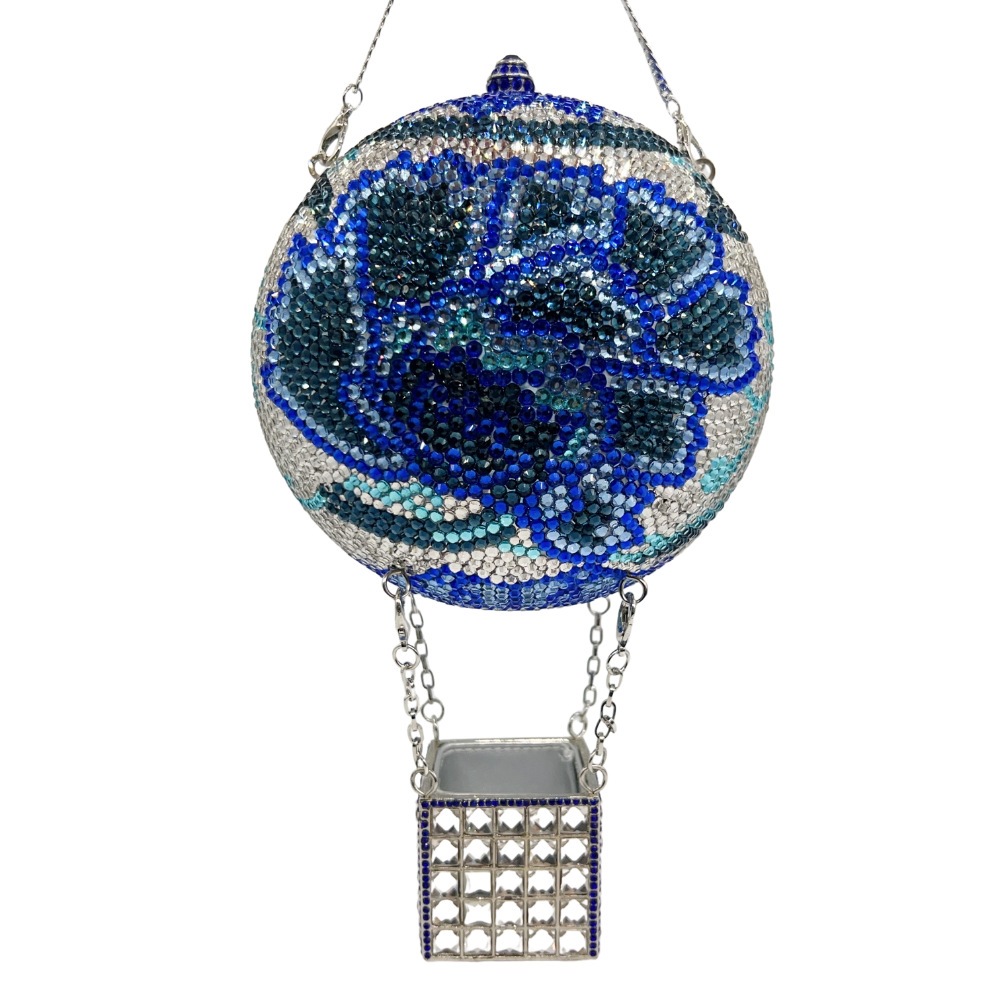 Bolsa de cristal estilo nacional de flores azules, bolsas de cena de diamantes, globos de aire caliente transfronterizos, bolsas de mano para mujeres