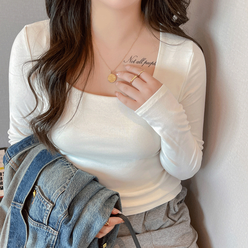 Strict Selection of plus size Square Collar Long-sleeved Base Shirt Women's Spring and Autumn New Inner Slim-fit Design Sense Outer Wearing Top T-shirt