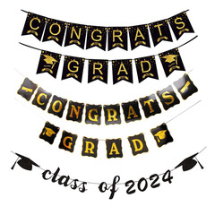 跨境Congrats Grad紙質拉旗畢業季同學學校聚會派對裝飾燙金橫幅