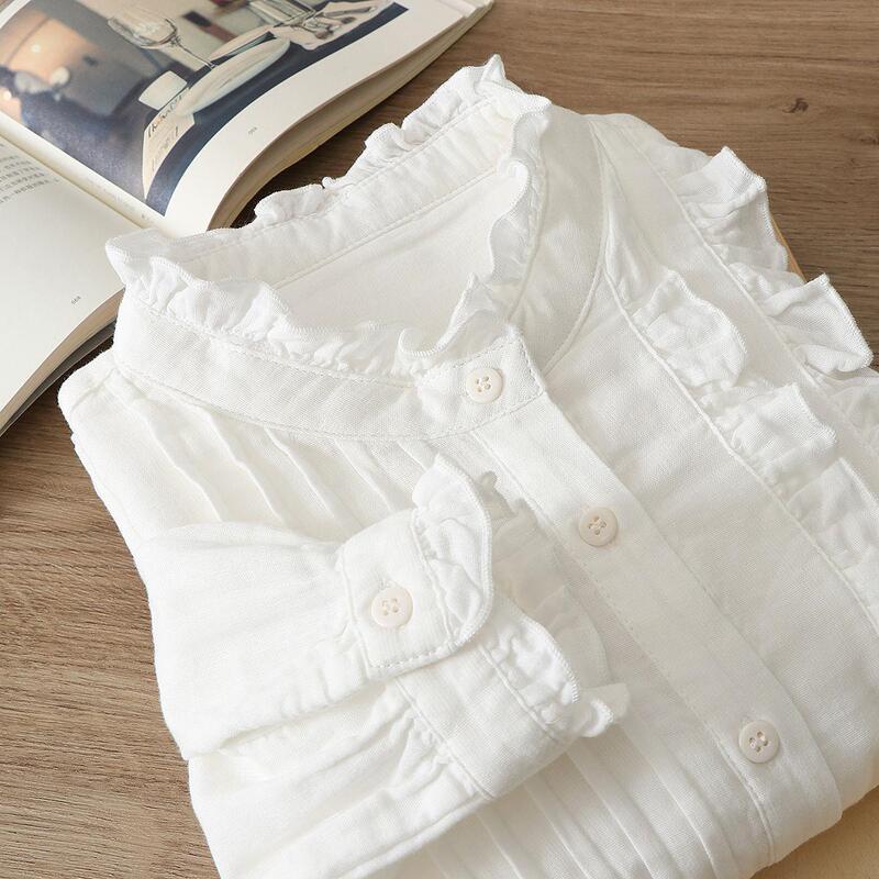 Japanese Original Single-Sided Artistic Stand Collar Double-Layer Cotton Gauze Shirt for Women, Long-Sleeve Pure Cotton Shirt, Loose Fit, Slimming, Versatile