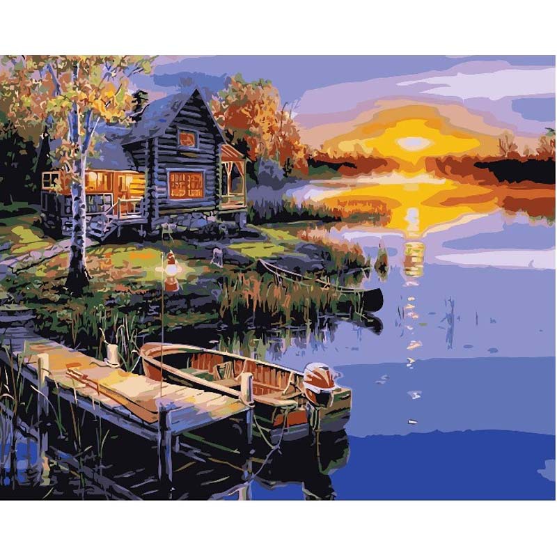 TY-31 Digital Oil Painting Landscape Flower Hanging Painting Hand-painted Living Room Study Colored Painting Lake Cabin diy Oil