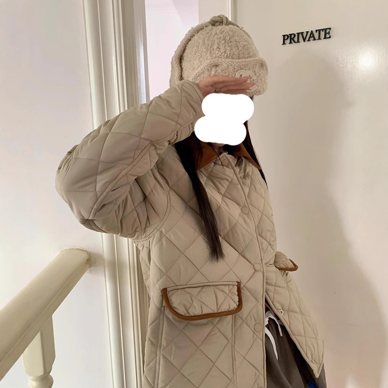 Mm Heavy Industries Quilted Diamond-Pattern Women's Cotton Jacket with Patchwork Faux Leather and Embroidered Letters, Autumn and Winter Trendy Brand Jacket for Women