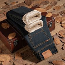 法莱绒冬季男士牛仔裤新款加厚直筒加绒保暖合体复古百搭牛仔裤男