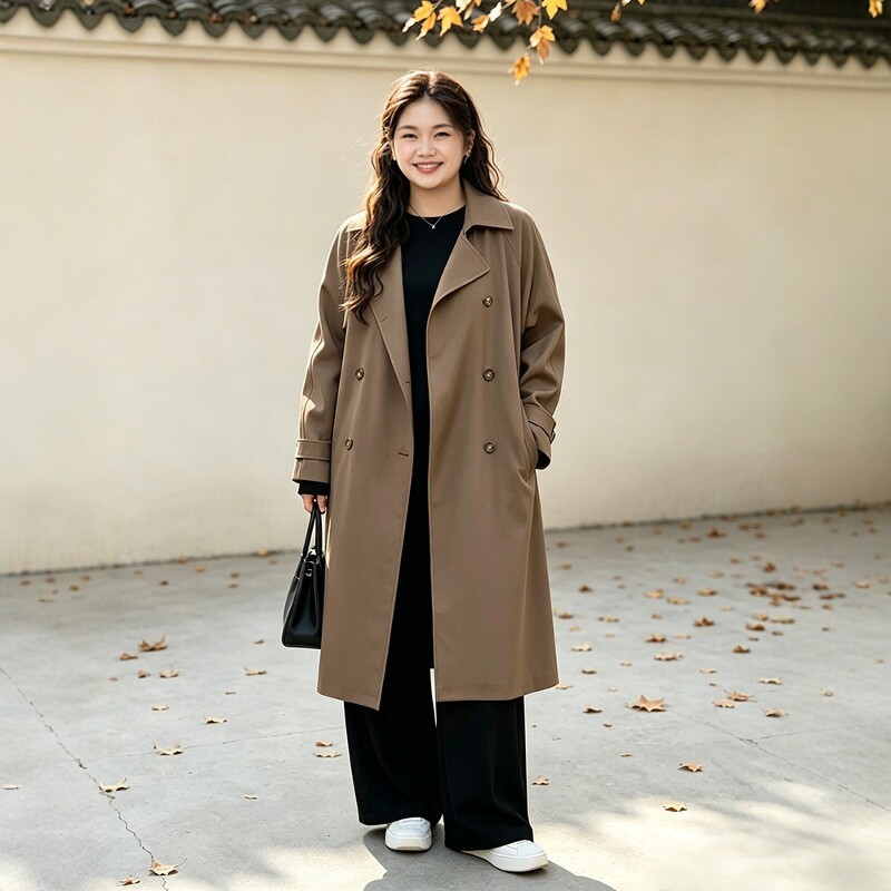 Plus-size women's 100kg autumn and winter long trench coat, high-end, tummy-concealing, slimming, casual coat 2939