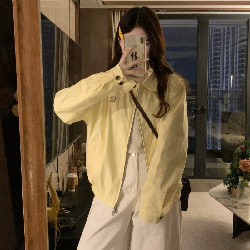 檬黄纽扣翻领外套女春秋休闲百搭夹克上衣哈灵顿基础通勤外套|undefined