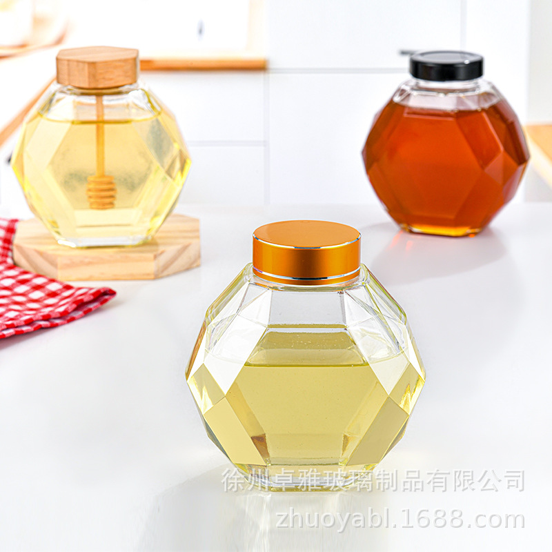 Hexagonal Glass jar Seal 1 Jam Bird&#39;s nest bottle Wood cover The stirring rod Glass chili patse food A bottle of honey