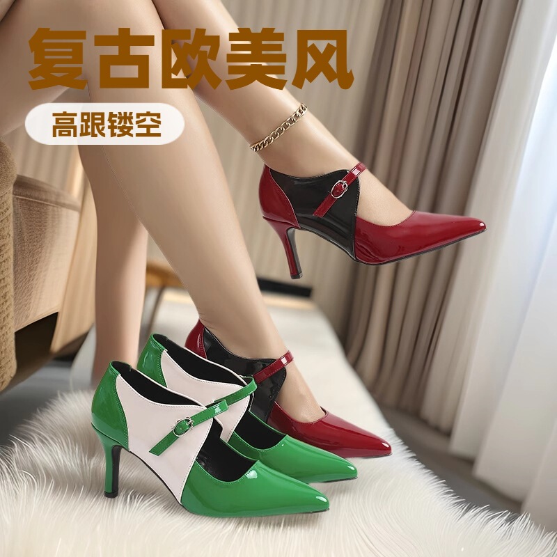 European and American Style Cross-Border Women's High Heels, Classic Color-Blocked Shiny Material, Thickened Soft Mid-Heel, Fully Enclosed Mary Jane Shoes
