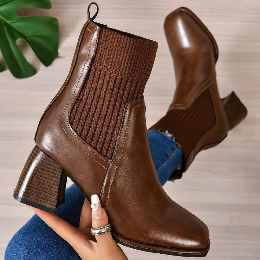 Botas cortas de invierno de 2025 nuevas botas elásticas de tacones altos cuadrados de tejido de costura volante tamaño 41 - 42