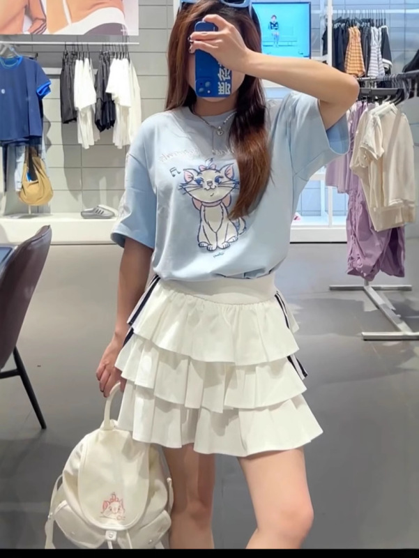 ハイバージョン~2025共同ブランドファッションラウンドネックルーズコントラストカラーキャットプリント半袖Tシャツケーキスカートショートスカート女性用|undefined