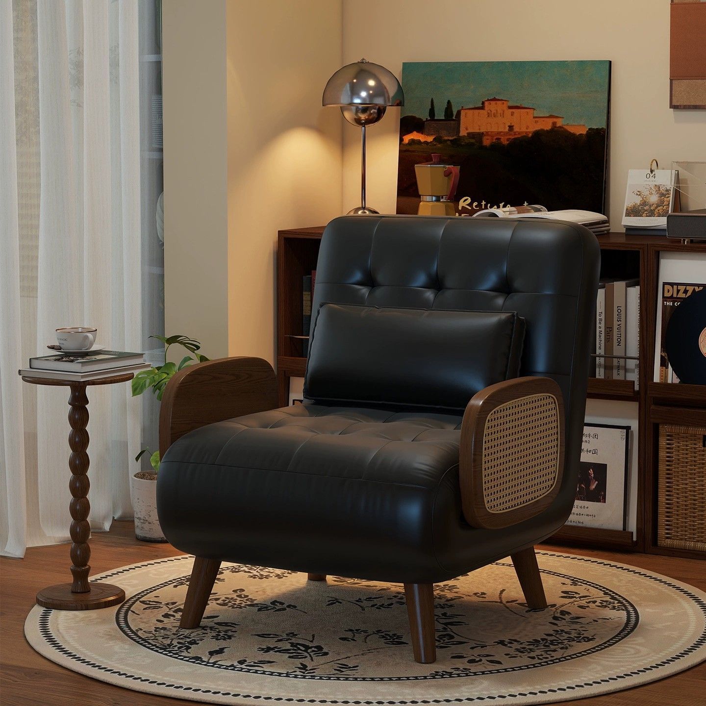 Folding Sofa Bed Single Dual-Purpose Sofa Bed Chair Retractable Sofa Bed Mid-Century Style Black Sofa Retro Overnight Bed