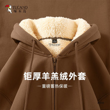 啄木鸟外套男冬季2025新款加绒加厚羊羔绒连帽卫衣男士潮牌开衫Y